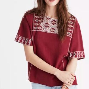 Madewell Burgundy Embroidered Square-Neck Short Sleeve Top